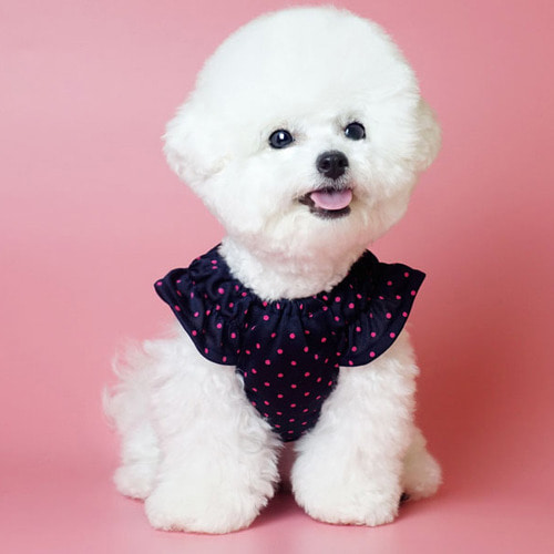 도트 프릴 강아지티셔츠 나시 체리방울 네이비 핑크