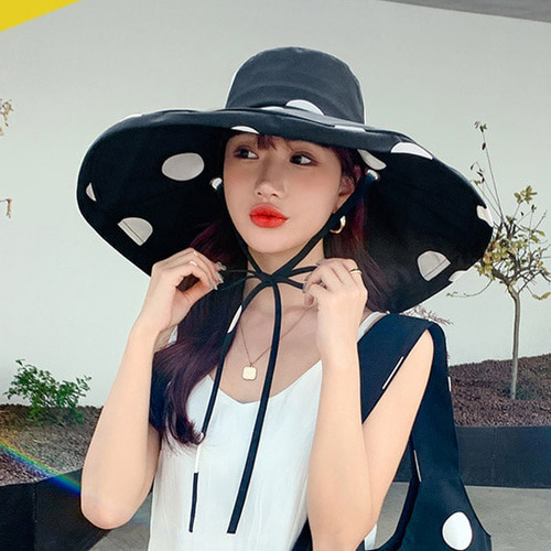챙 넓은 여성 패션 도트 벙거지 여름 모자 블랙 핑크