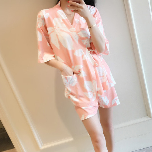 유카타스타일 홈웨어 여성 여름잠옷 상하세트 핑크 그레이블루