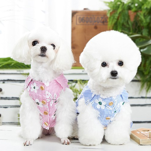 스트라이프 강아지여름옷 애견 꽃 민소매 셔츠