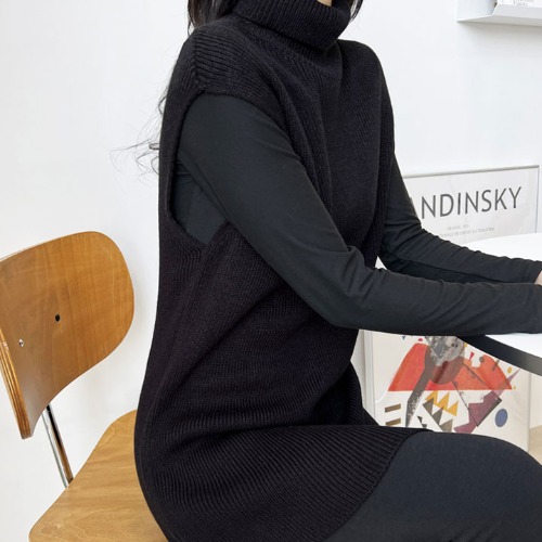 국산 유니크 디자인 여성 목폴라 롱 니트 조끼 P0000SZM
